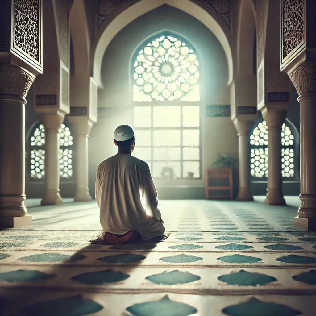 DALL·E 2025 02 18 13.01.15 A serene Islamic setting with a person praying in solitude, emphasizing sincerity and devotion. The atmosphere is peaceful, with soft lighting coming