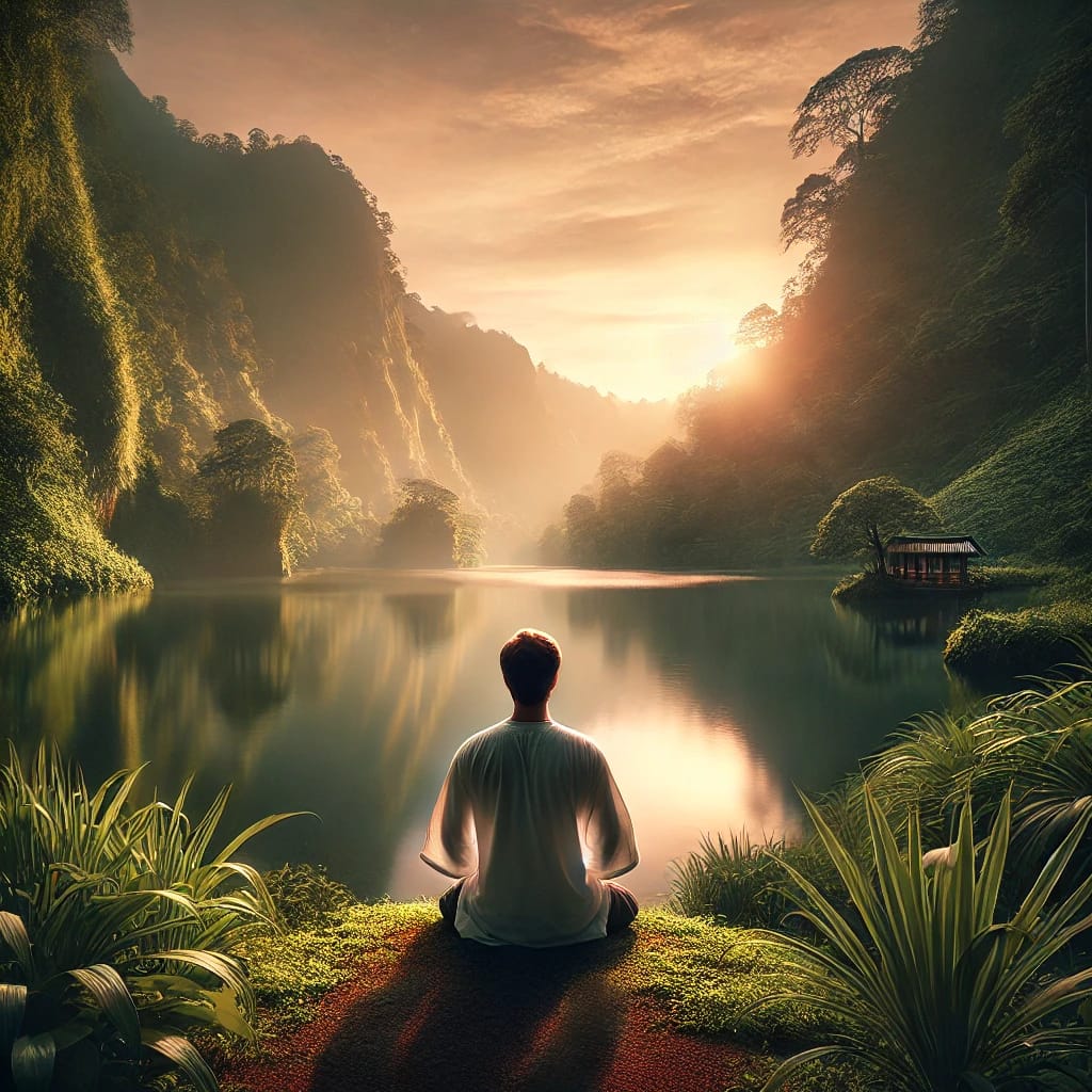 DALL·E 2025 03 21 15.07.08 A serene and peaceful image of a person sitting in front of a tranquil lake, gazing at the water with a thoughtful expression. The scene is surrounded