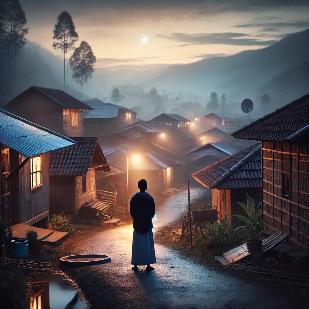 DALL·E 2025 03 21 15.07.09 A calm and peaceful scene showing a person standing in a peaceful village at dusk, surrounded by simple, humble homes. The person is looking up toward