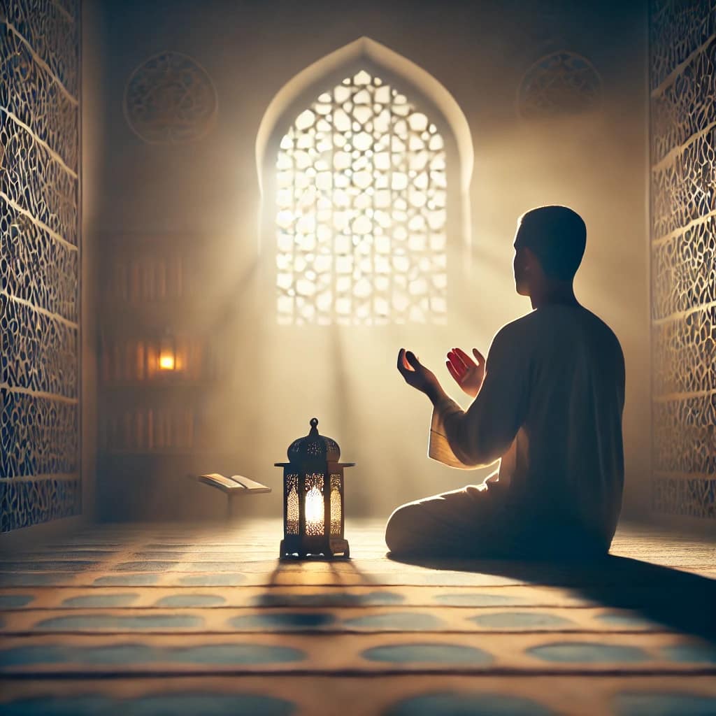 DALL·E 2025 03 21 15.47.23 A serene image of a person in a peaceful, quiet setting, reflecting deeply during the holy month of Ramadan. The person is sitting on a prayer mat wit