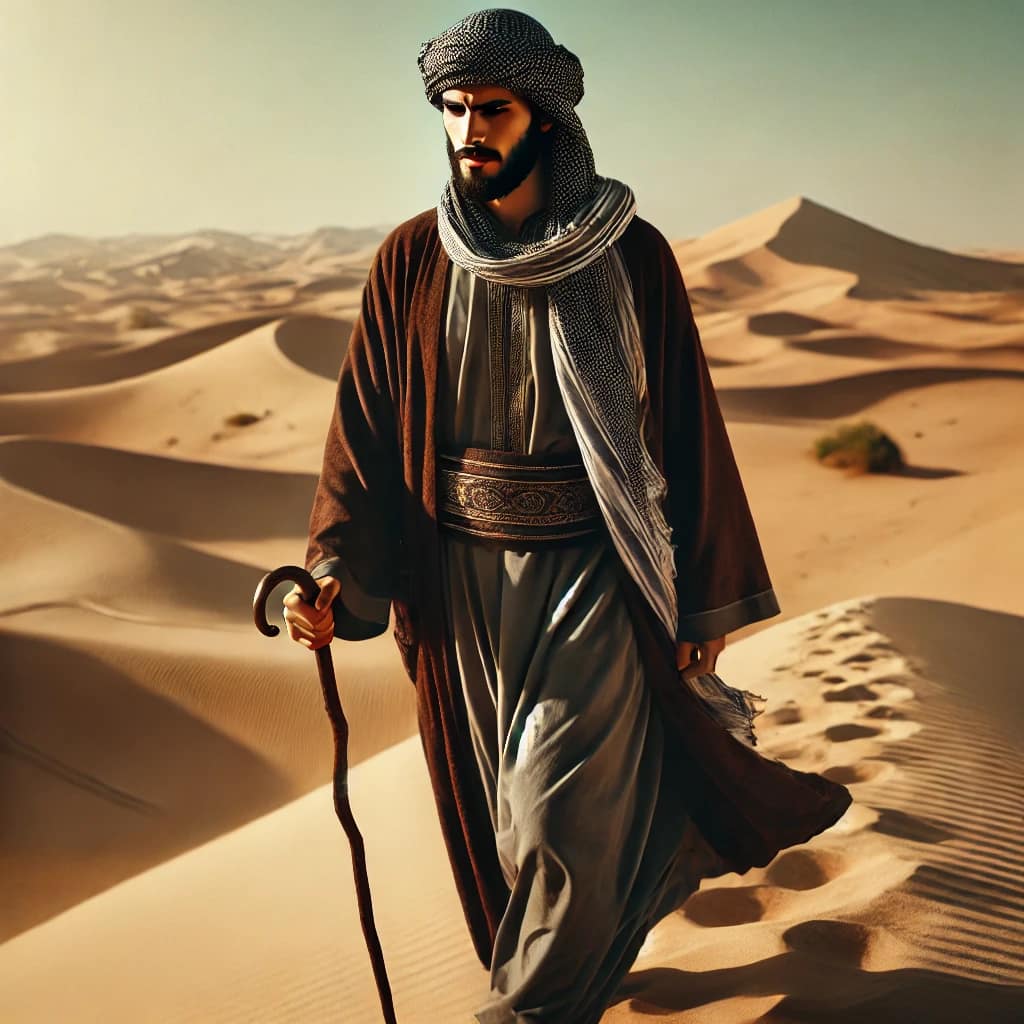 DALL·E 2025 03 25 15.32.19 A determined Sahabi walking through a vast desert, dressed in traditional Islamic attire, with a strong and focused expression. The desert is expansiv