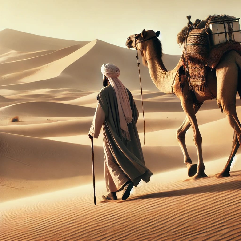 DALL·E 2025 03 25 15.33.21 A Sahabi walking through a vast desert, carrying trade goods on a camel, dressed in traditional Islamic attire, focused on the journey ahead, with a b