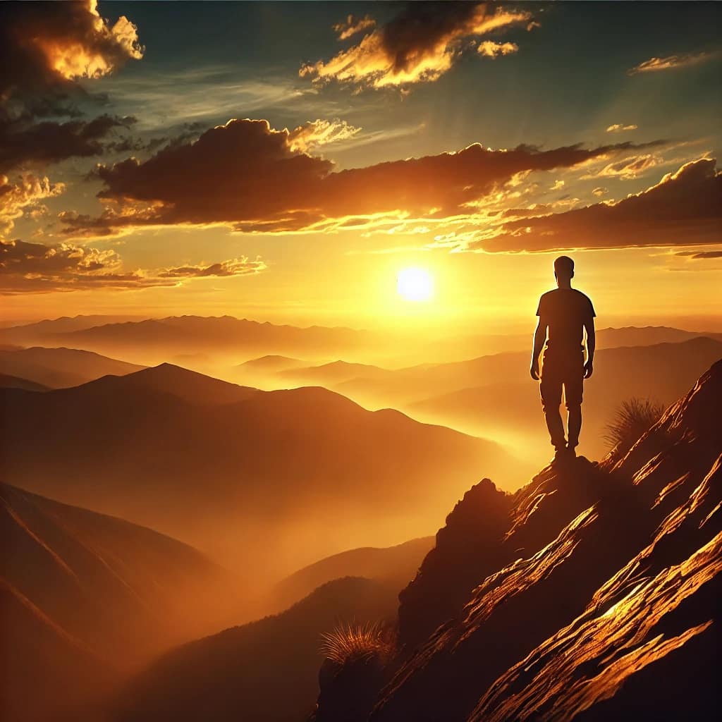 DALL·E 2025 03 25 15.56.15 A peaceful image of a person standing on a mountain top, gazing at the vast horizon, symbolizing the journey of life and the challenges faced. The sun