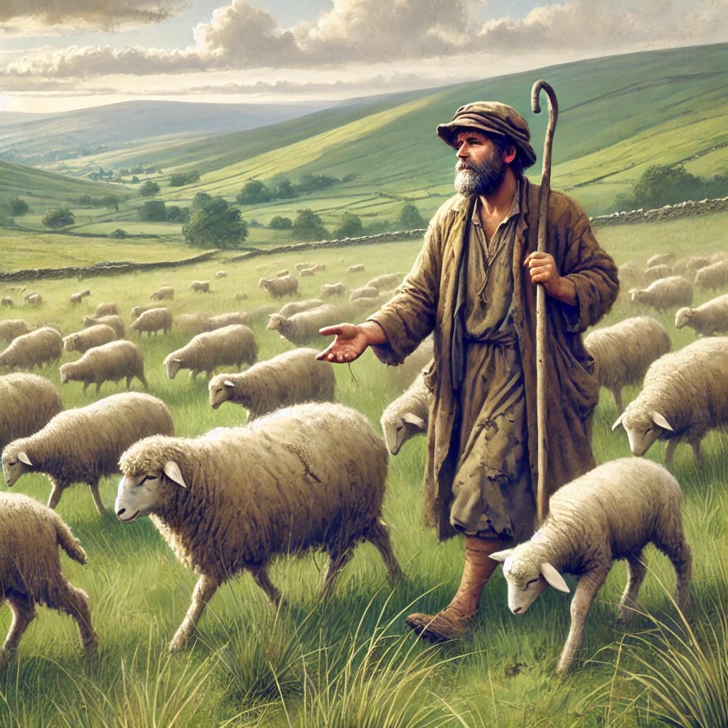 DALL·E 2025 03 25 16.29.41 A humble shepherd guiding a flock of sheep through a grassy field. The shepherd appears poor, wearing simple, worn out clothes. The scene captures the