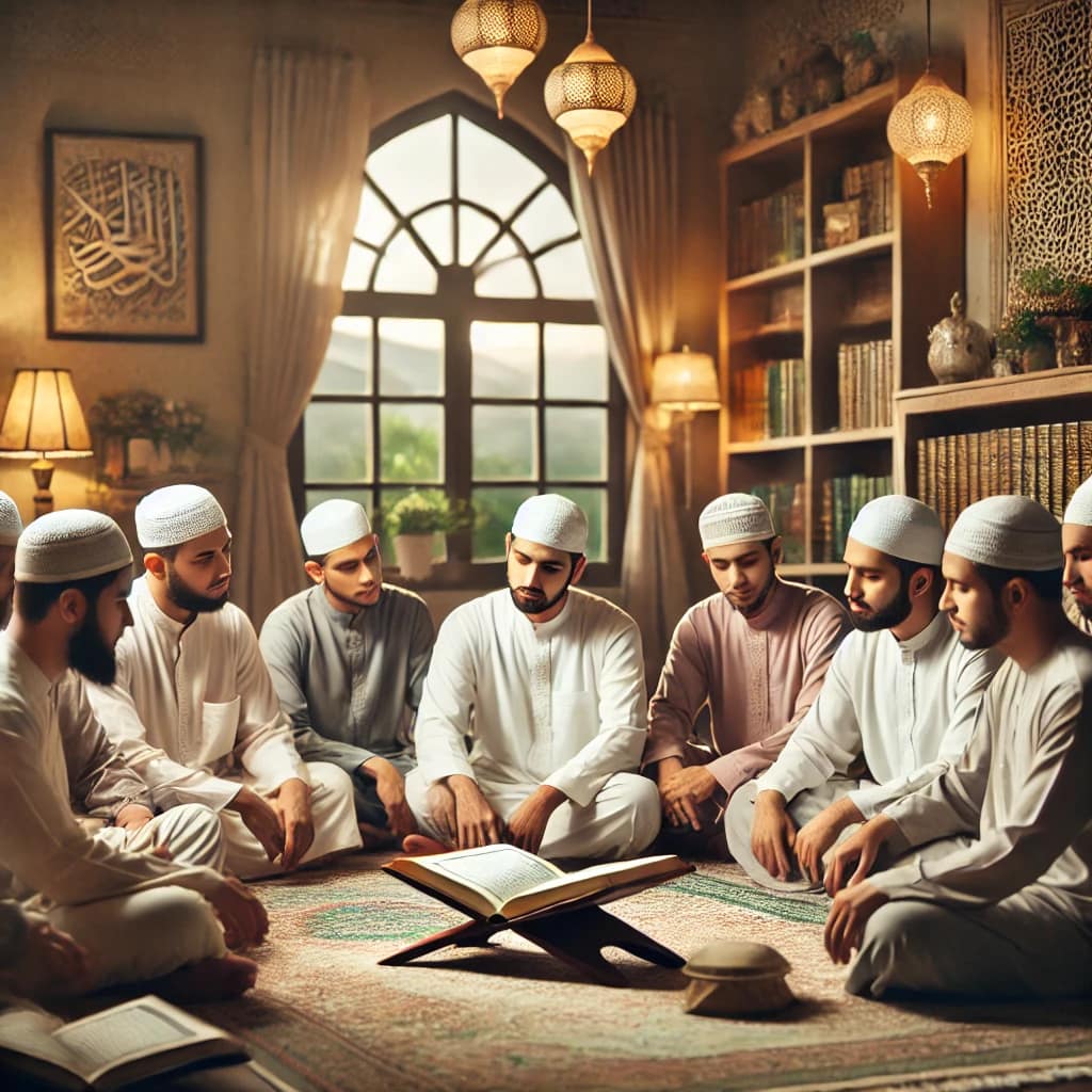 DALL·E 2025 03 25 16.54.55 A serene and peaceful scene of Muslim men sitting together at home in a traditional setting. The men are dressed in modest attire, with some wearing k