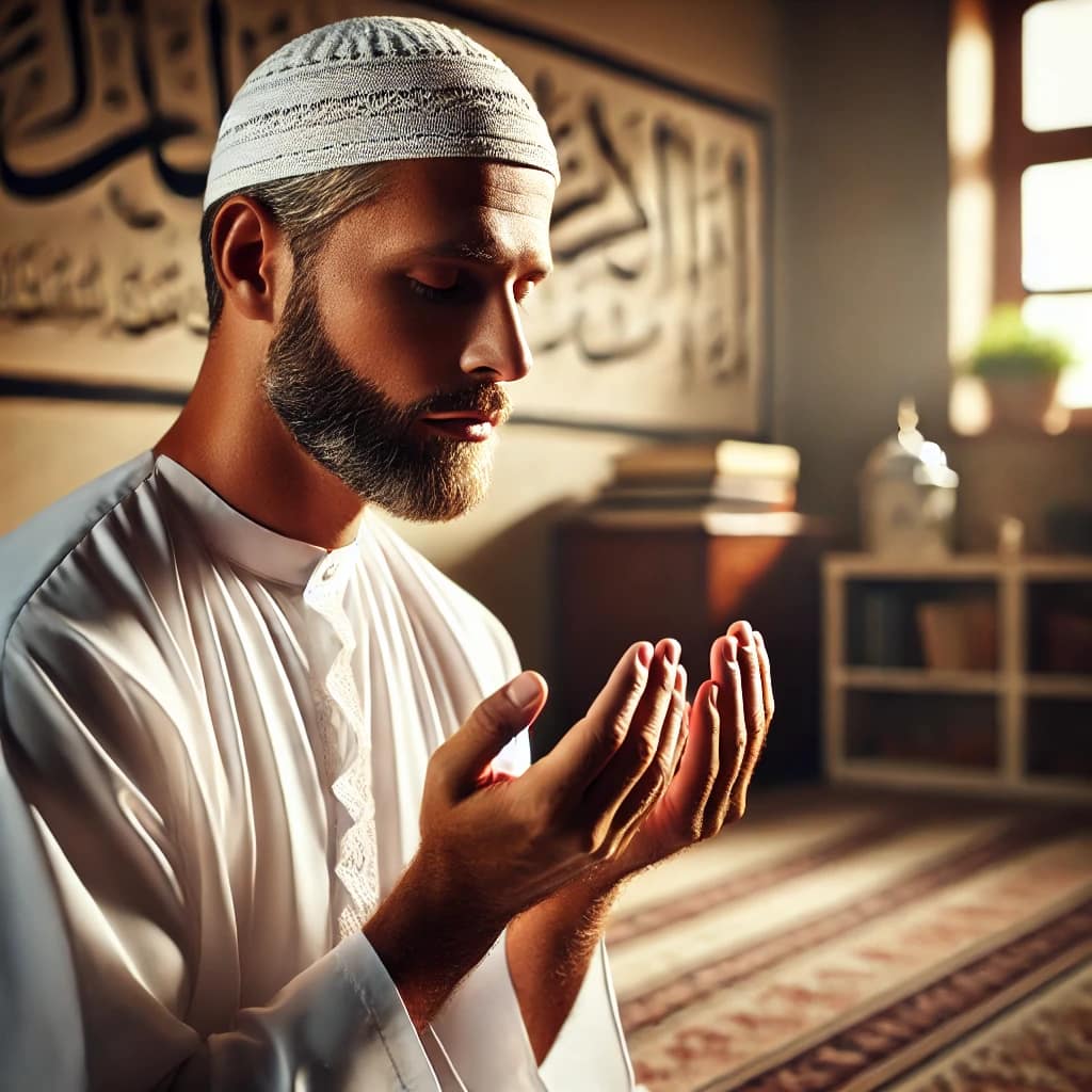 DALL·E 2025 03 27 12.40.28 A realistic image of a middle aged Muslim man with light skin, wearing a traditional white robe (cübbe) and a white head covering, sitting indoors wit