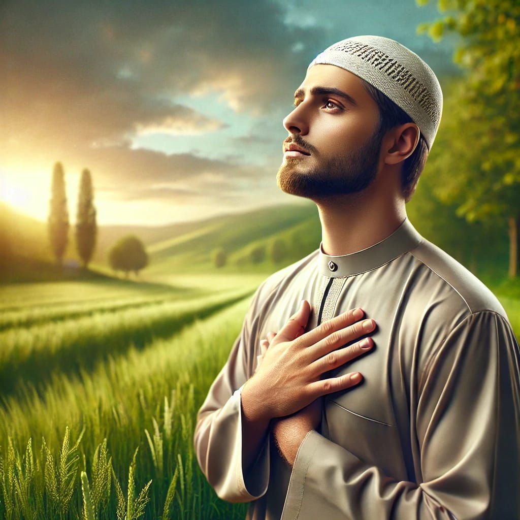 DALL·E 2025 03 27 12.43.05 A realistic image of a Muslim man in nature, standing with a peaceful and emotional expression, touching his heart with one hand as a sign of deep fai