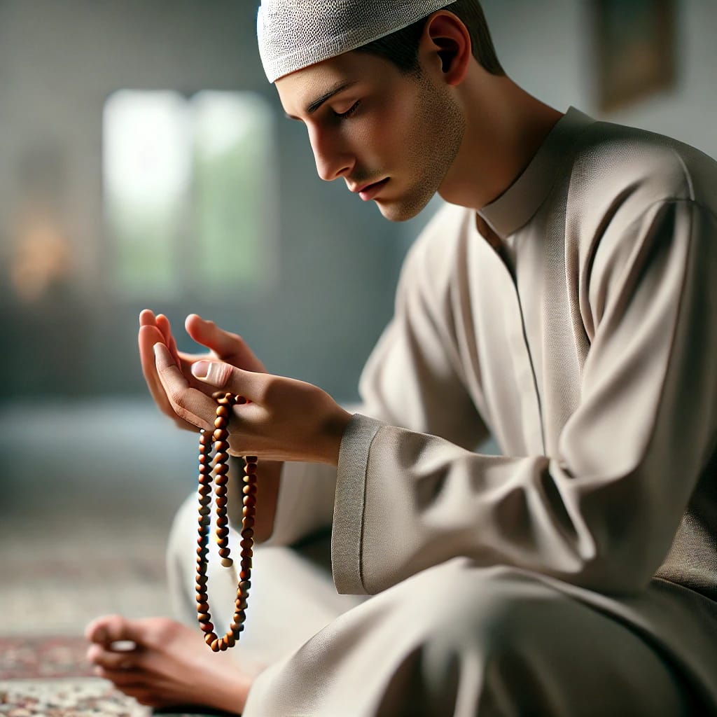 DALL·E 2025 03 27 13.00.04 A realistic image of a Muslim man with light skin, sitting peacefully while holding prayer beads (tasbih) in his hand, engaged in dhikr (remembrance o