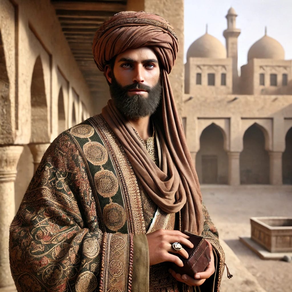 DALL·E 2025 03 27 13.21.07 A realistic image of a wealthy Muslim man from the 7th century Arabian Peninsula. He has a noble and dignified look, with olive toned skin and a well