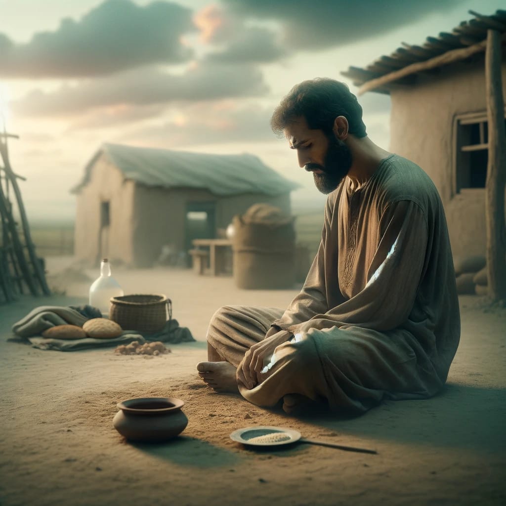 DALL·E 2025 03 27 13.23.57 A realistic and emotional image symbolizing worry about sustenance (rizq). A humble man sits alone in a quiet, dusty village setting, wearing modest,