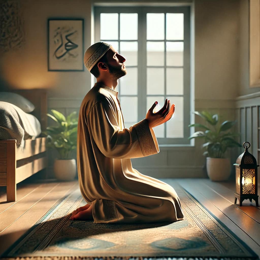 DALL·E 2025 04 17 15.06.49 A realistic illustration of a man sitting on his knees at home, raising his hands in prayer (dua) with his head slightly tilted upward, looking toward