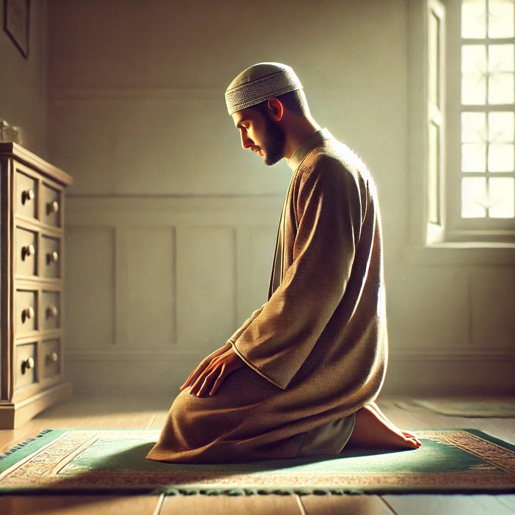 DALL·E 2025 04 17 15.36.47 A realistic illustration of a man in a humble prayer position, either in sujood (prostration) or standing with his hands folded in prayer. The man is