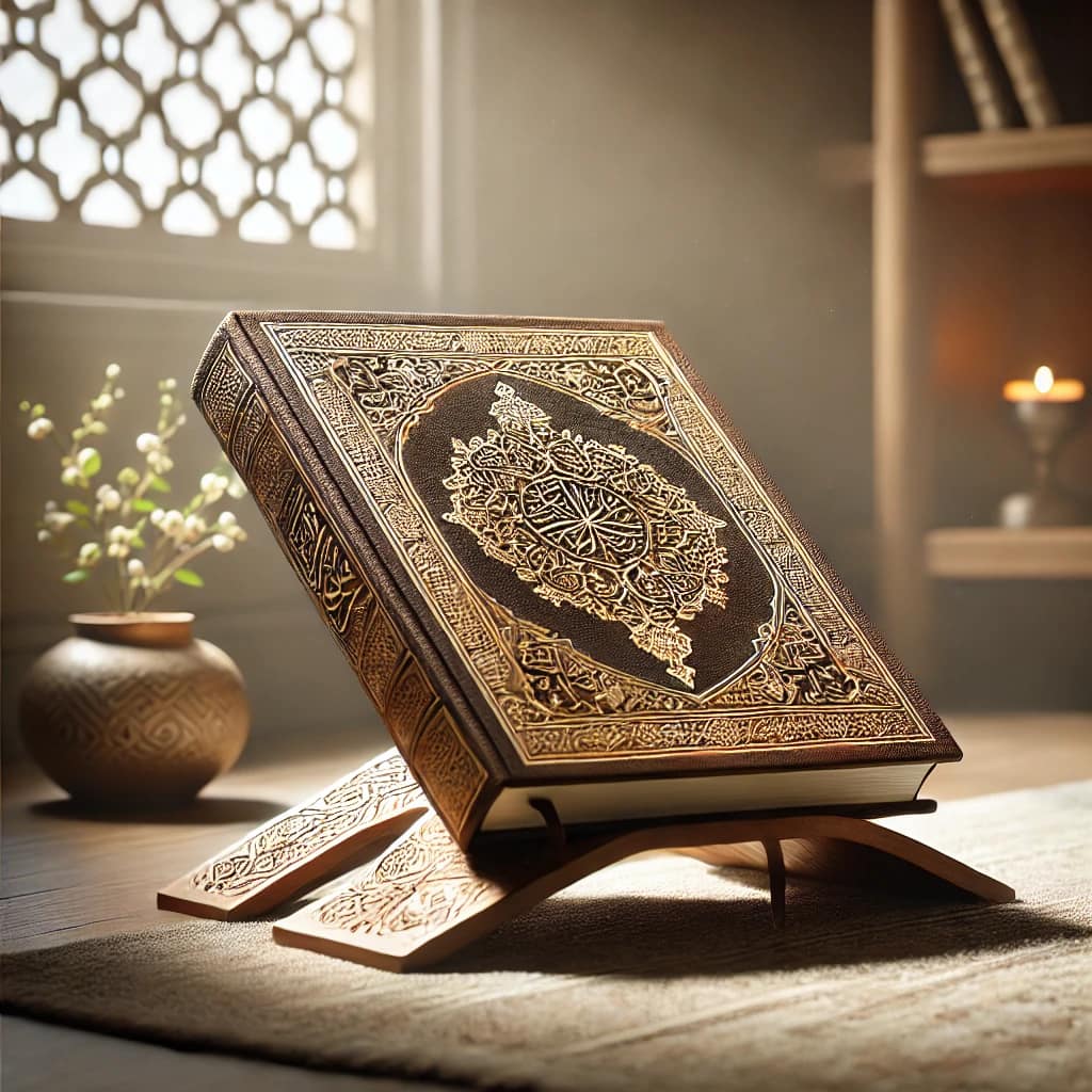 DALL·E 2025 04 17 15.42.06 A peaceful and respectful illustration of a Quran placed elegantly on a wooden shelf in a serene, softly lit room. The Quran is open to a page, but th