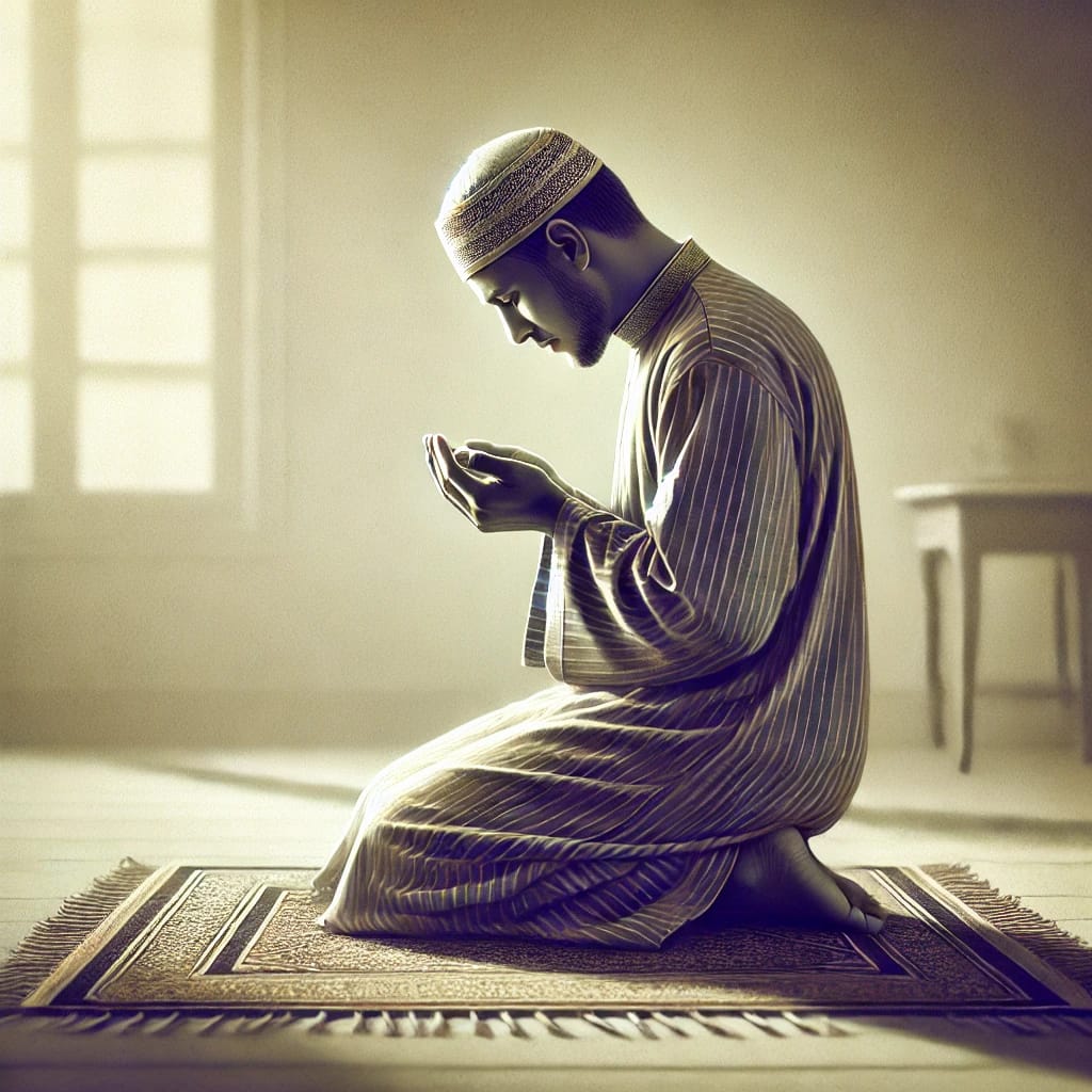DALL·E 2025 04 17 15.51.09 A highly realistic illustration of a man in a humble prayer position, with his head bowed down in deep reverence while raising his hands in prayer. Hi