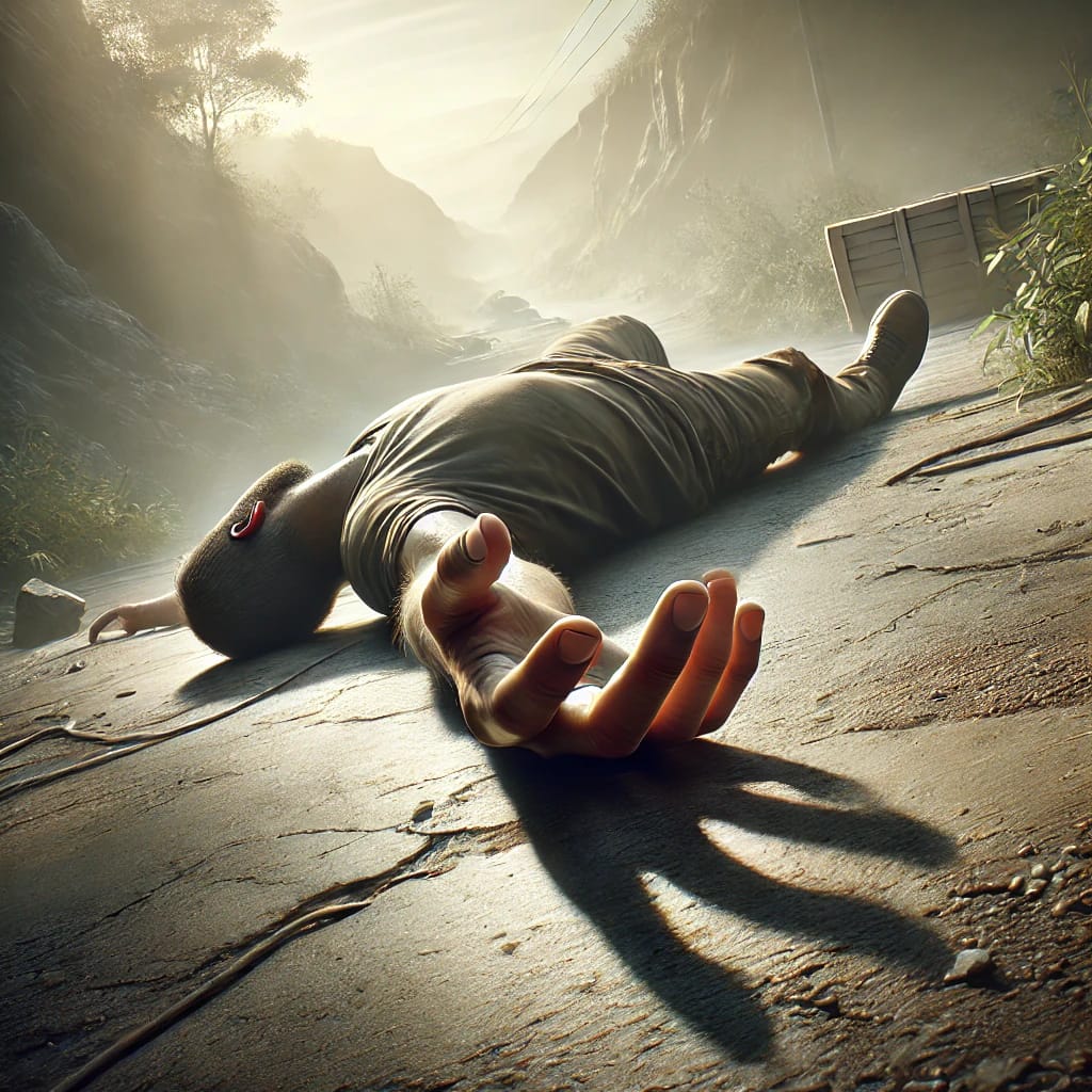 DALL·E 2025 04 17 17.44.41 A realistic illustration of a man in a difficult situation, lying on the ground after surviving a challenging event. Only his arm is visible, reaching