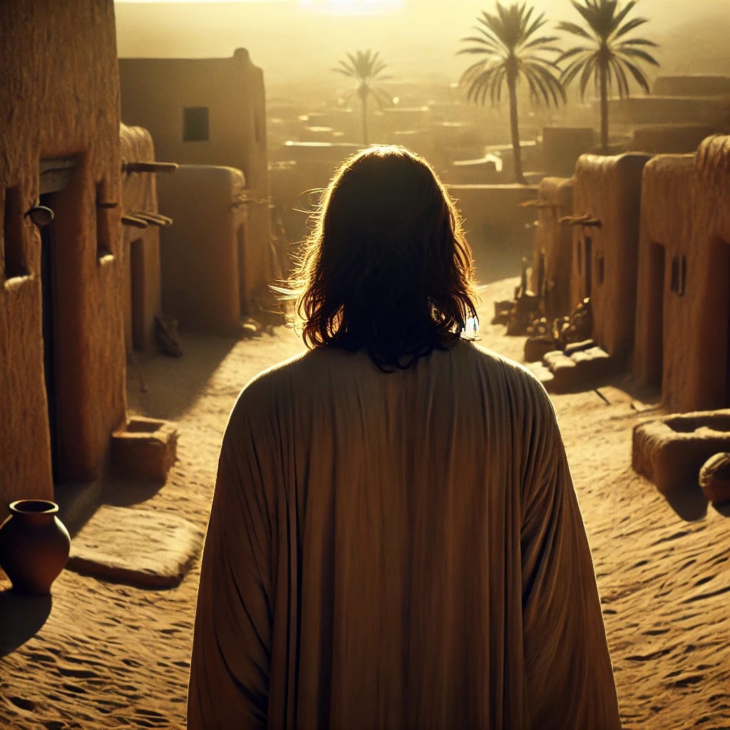DALL·E 2025 04 18 14.56.58 A man with shoulder length hair walking away from the viewer in a desert village, seen from behind. He is wearing a long flowing white robe, and his h