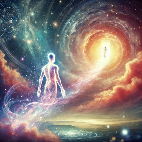 DALL·E 2025 04 17 17.46.36 A mystical and abstract illustration symbolizing the journey of the soul. The image features a glowing, ethereal light or energy floating away from a