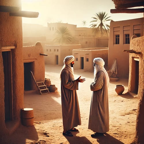 DALL·E 2025 04 18 14.58.35 Two men standing and talking in a small desert village. They are wearing traditional desert clothing, such as long robes and head coverings suitable f