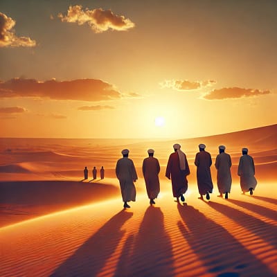 DALL·E 2025 03 25 17.01.02 A peaceful scene of Muslim men walking through a vast desert, their silhouettes visible against the orange and yellow hues of the sunset. The men are