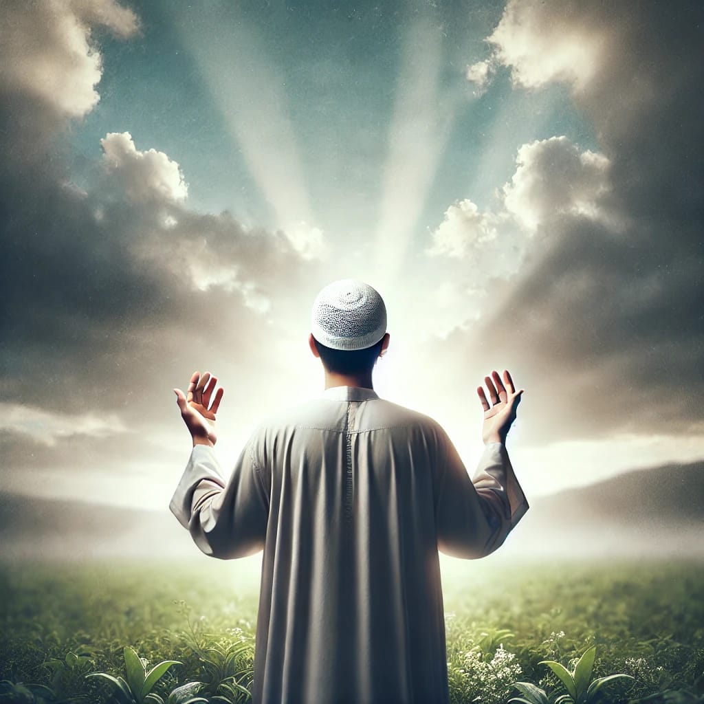 DALL·E 2025 03 21 14.46.01 A peaceful, serene image of a person standing outdoors with hands raised towards the sky, asking for forgiveness. The background should show a calm, c