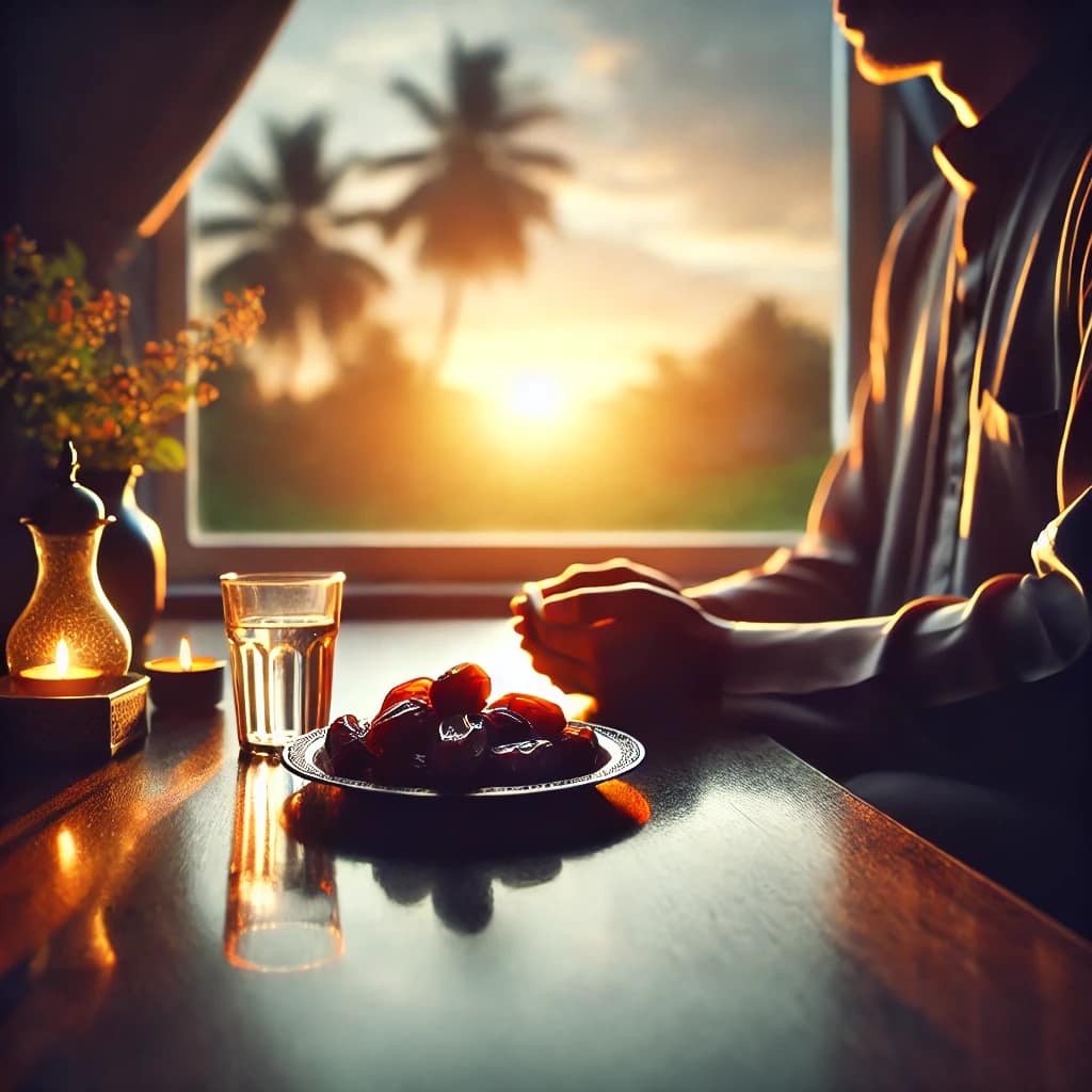 DALL·E 2025 03 21 15.47.25 A tranquil and reflective image of a person breaking their fast at sunset, with a plate of dates and water in front of them. The setting is peaceful,
