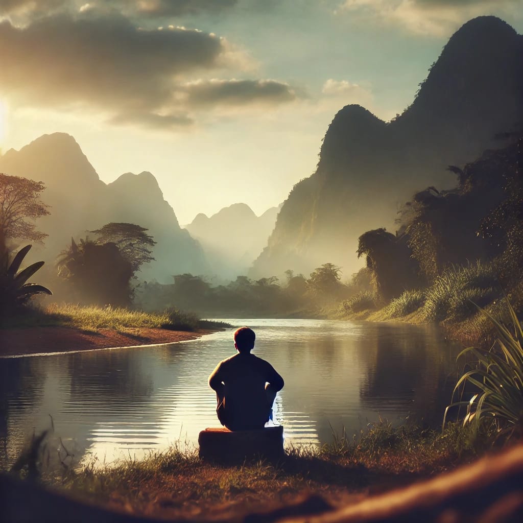 DALL·E 2025 03 21 16.44.59 A peaceful and serene image of a person sitting alone, reflecting thoughtfully in a natural setting with mountains and a calm river in the background,