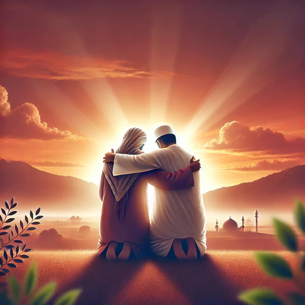 DALL·E 2025 03 25 13.37.18 A peaceful and heartwarming image of two Muslim men embracing each other, symbolizing unity, love, and brotherhood in Islam, with a serene and uplifti