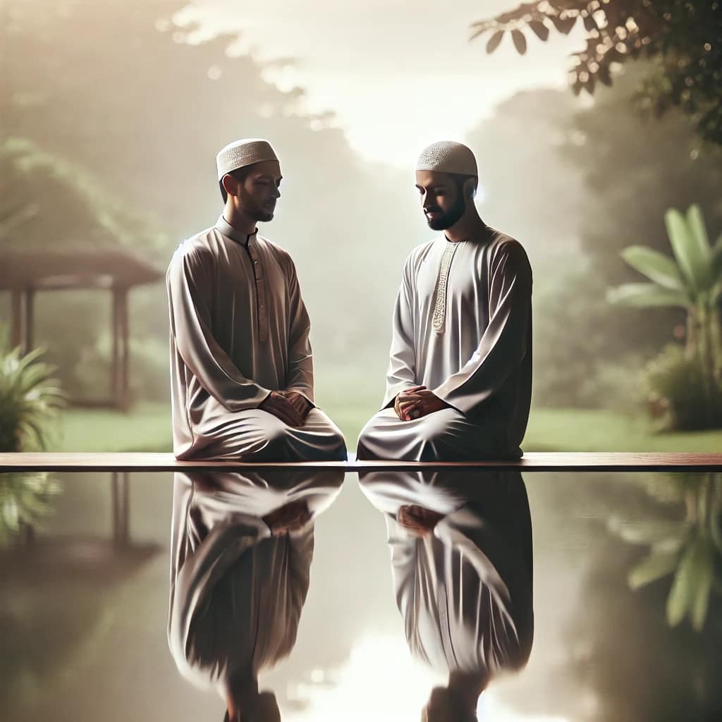 DALL·E 2025 03 25 13.38.52 A peaceful image showing two Muslim men in a calm, respectful setting. They are dressed in traditional modest clothing, standing side by side in a ser