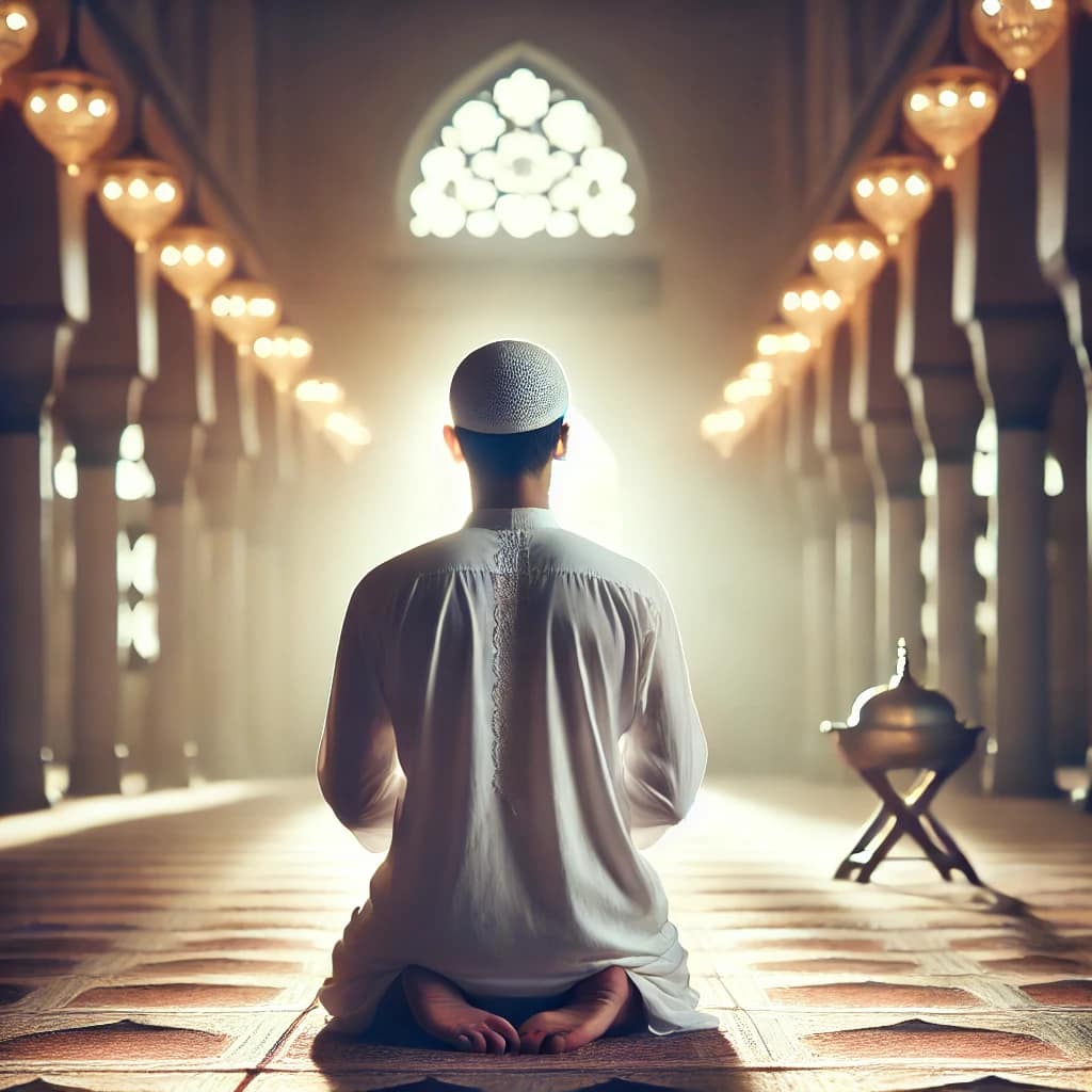 DALL·E 2025 03 25 14.36.54 A serene and peaceful image of a Muslim man praying in a mosque, with soft lighting and a calm atmosphere