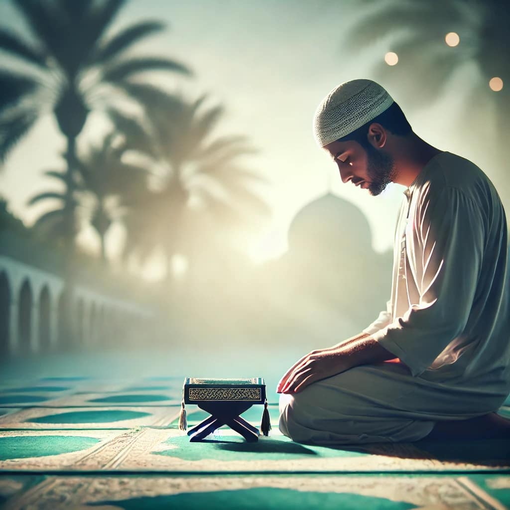 DALL·E 2025 03 25 14.37.02 A peaceful image of a Muslim man in prayer, with a soft and tranquil background, showing devotion and focus during the prayer