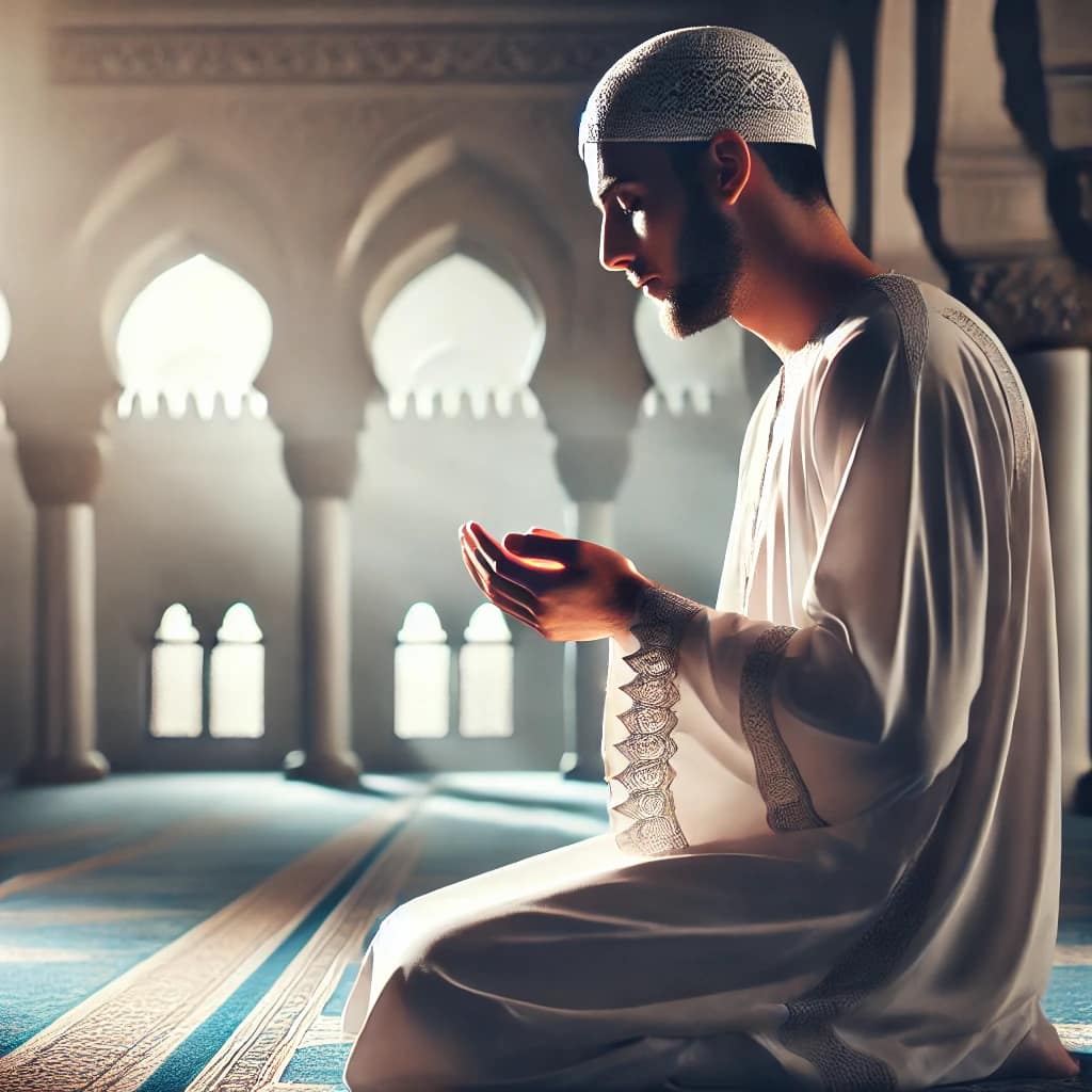 DALL·E 2025 03 25 15.01.43 A serene and peaceful image of a Muslim man performing prayer in a mosque, with soft lighting and a calm atmosphere. He is wearing traditional Islamic