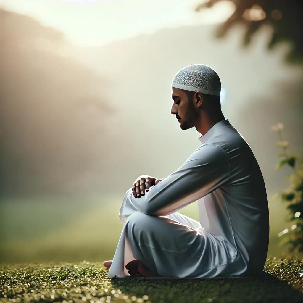 DALL·E 2025 03 25 16.08.28 A peaceful and serene image of a Muslim sitting on the ground in a contemplative pose. The individual is wearing traditional Islamic clothing, such as