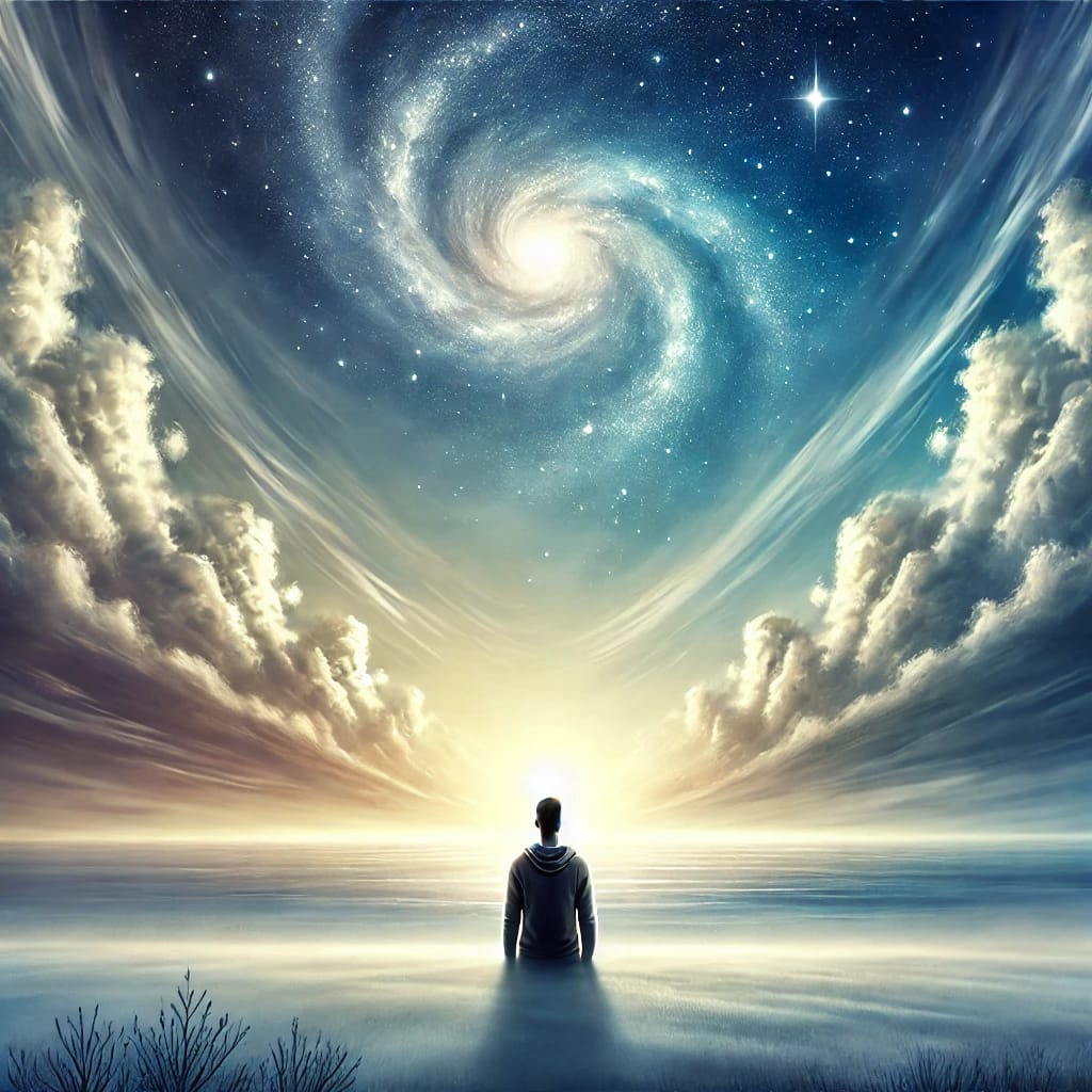 DALL·E 2025 03 25 16.26.13 A serene and reflective image of a person gazing at the vast horizon, symbolizing the concept of seeing everything. The person is standing in an open
