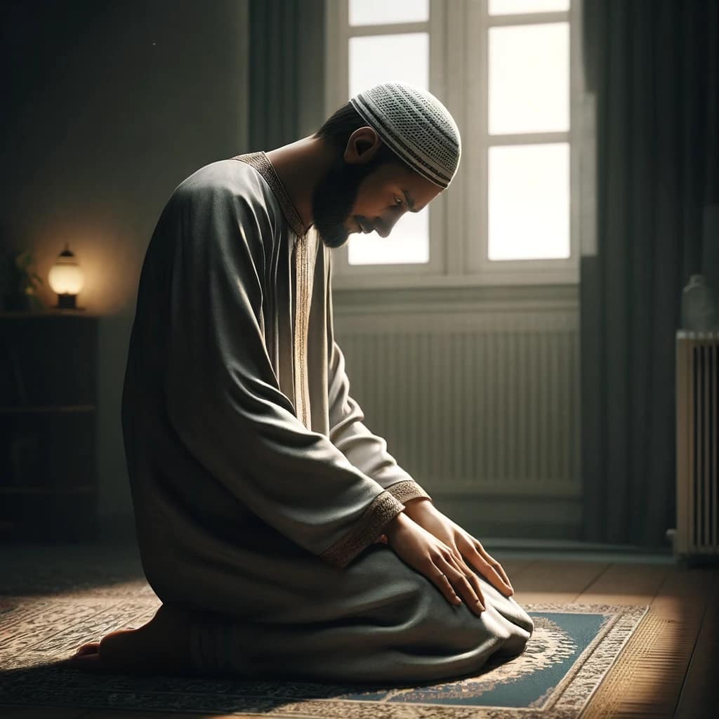 DALL·E 2025 04 17 15.06.32 A realistic illustration of a man praying at home in the position of sujood (prostration). The man is dressed in traditional clothing, such as a long