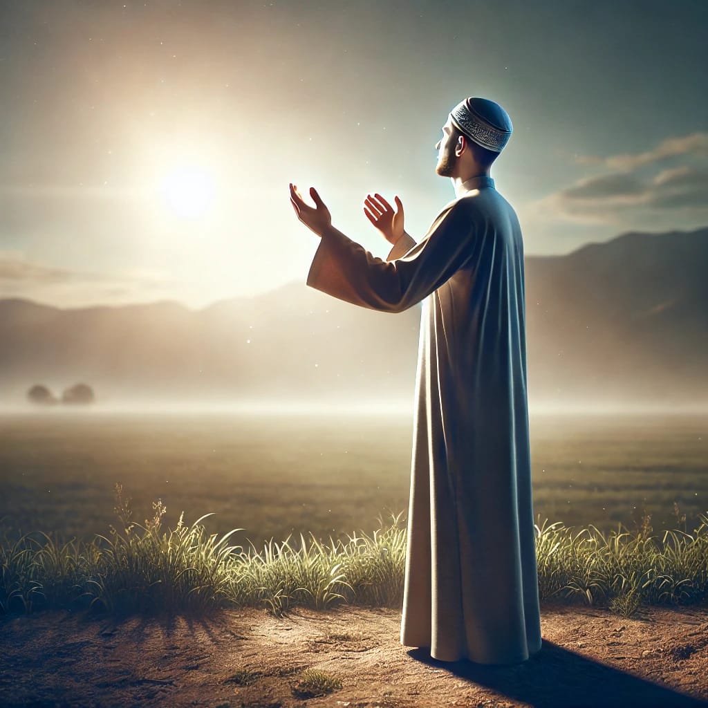 DALL·E 2025 04 17 15.49.49 A realistic illustration of a man standing outside, raising his hands towards a bright light in the sky. The man is dressed in traditional, modest clo