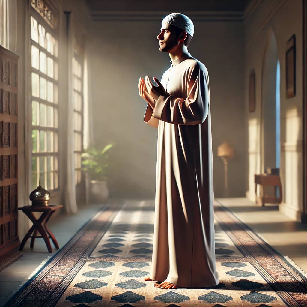 DALL·E 2025 04 17 17.17.18 A realistic illustration of a man standing with his hands raised in the position of dua (supplication). He is dressed in traditional, modest clothing,