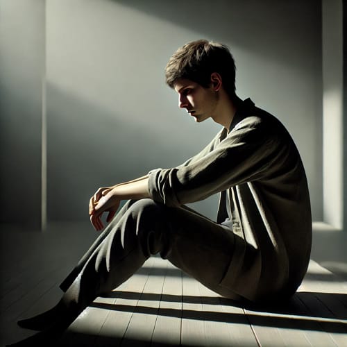 DALL·E 2025 04 17 17.10.34 A realistic illustration of a person sitting alone, looking down with a somber expression, conveying a sense of hopelessness. The person is dressed in
