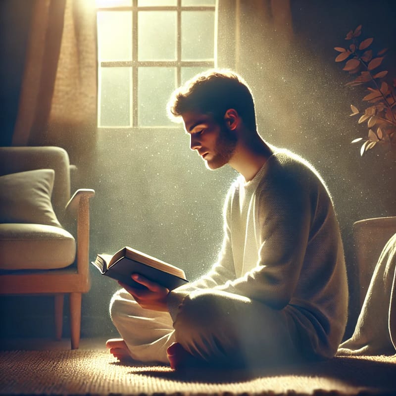 DALL·E 2025 03 21 14.45.59 A person sitting quietly in a cozy room, reading a book with a peaceful and focused expression, surrounded by soft light. There is a sense of serenity